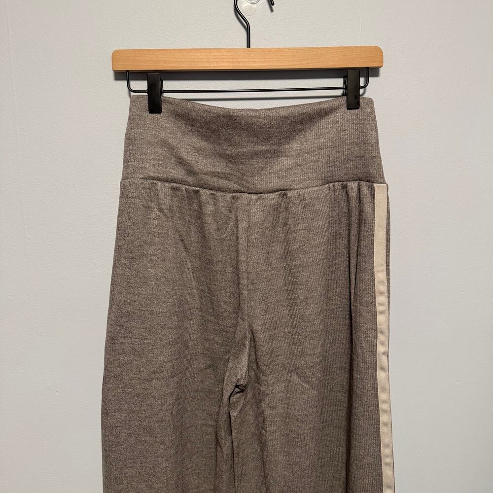 Ribbed High Waisted Tummy Control Drawstring Wide Leg Color Block Fleece Trouser - Picture 5 of 9